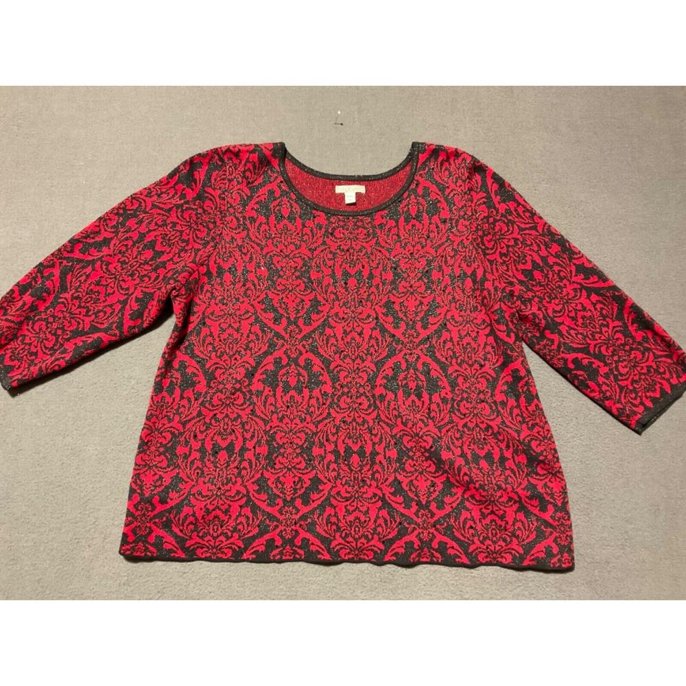 Dana Buchman XXL Red Black Damask Jacquard Knit Sweater‎ Top Holiday